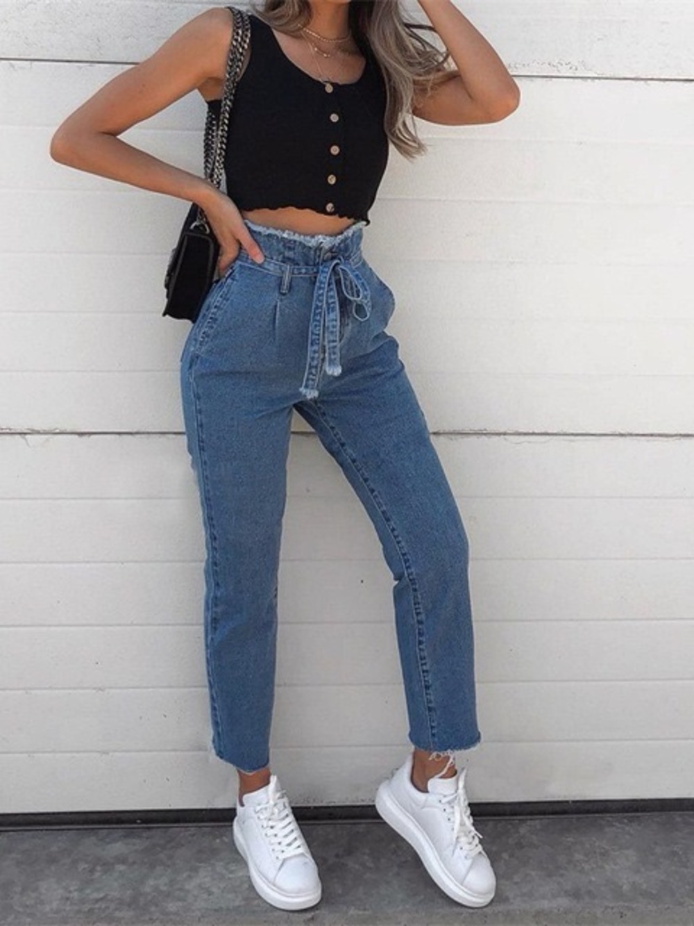 Momokrom Paperbag Straight Leg Dark Denim with Belt